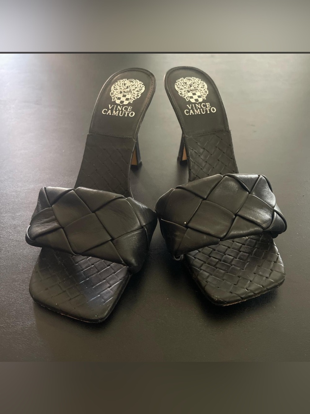 Vince Camuto Black Woven Square-Toe Slide Heels